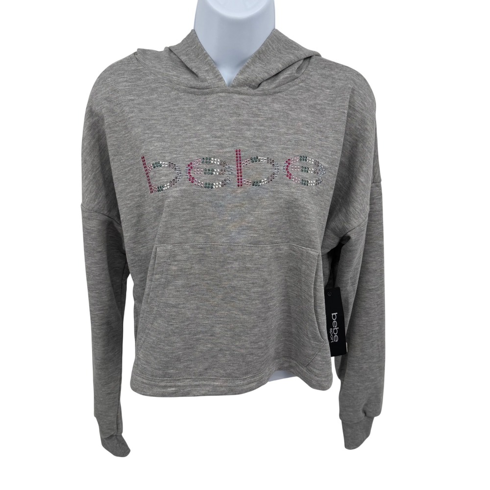 VTG 90s Y2K Bebe Sport S Hoodie Sweatshirt Gray Rhinestone Logo Cropped NWT